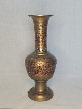 Vintage Brass Vase With Intricate Etched Designs & Inlaid Red Enamel From India
